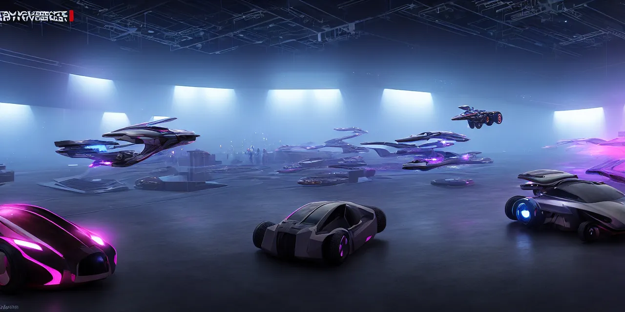 Prompt: cyberpunk exhibition of hovercars and other vehicles, test drives on a long track around the exhibition site, enthusiastic spectators watching the race of flying vehicles, in the year 3 0 0 0, very high details, volumetric fog, raytracing, back light, raymarching, by ilm, by digital domain, by weta digital