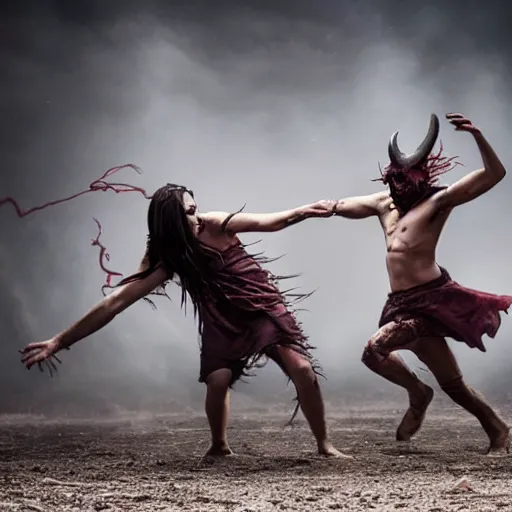 Prompt: two demons dance before the start of the apocalypse