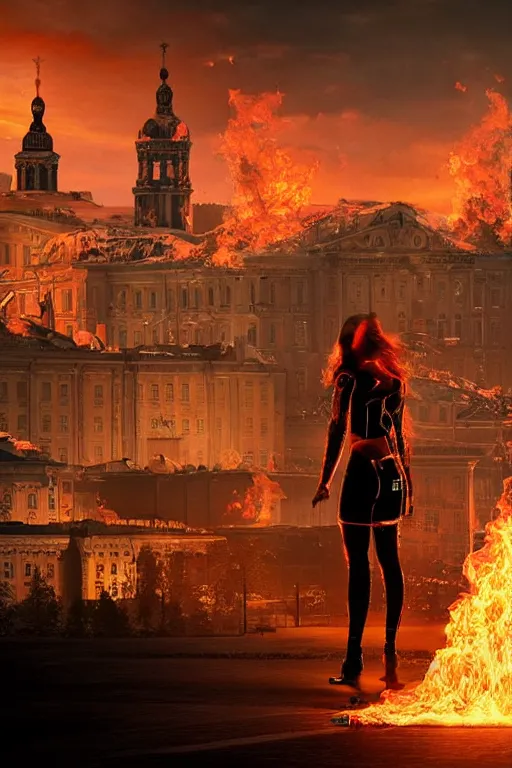Prompt: in the foreground Saint Petersburg in cyberpunk, in the background a magnificent young blonde woman from behind playing with flames coming out of her hands wearing a long matrix-style jacket, realistic, high definition, many details, dramatic scene, symmetrical face, eyes realistic, art of Jock