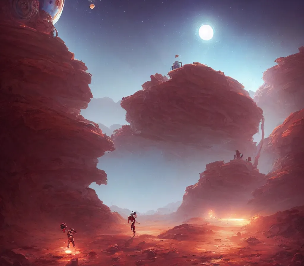 Prompt: An is running on Mars, an alien is chasin him, by Jordan Grimmer, digital art, trending on Artstation,