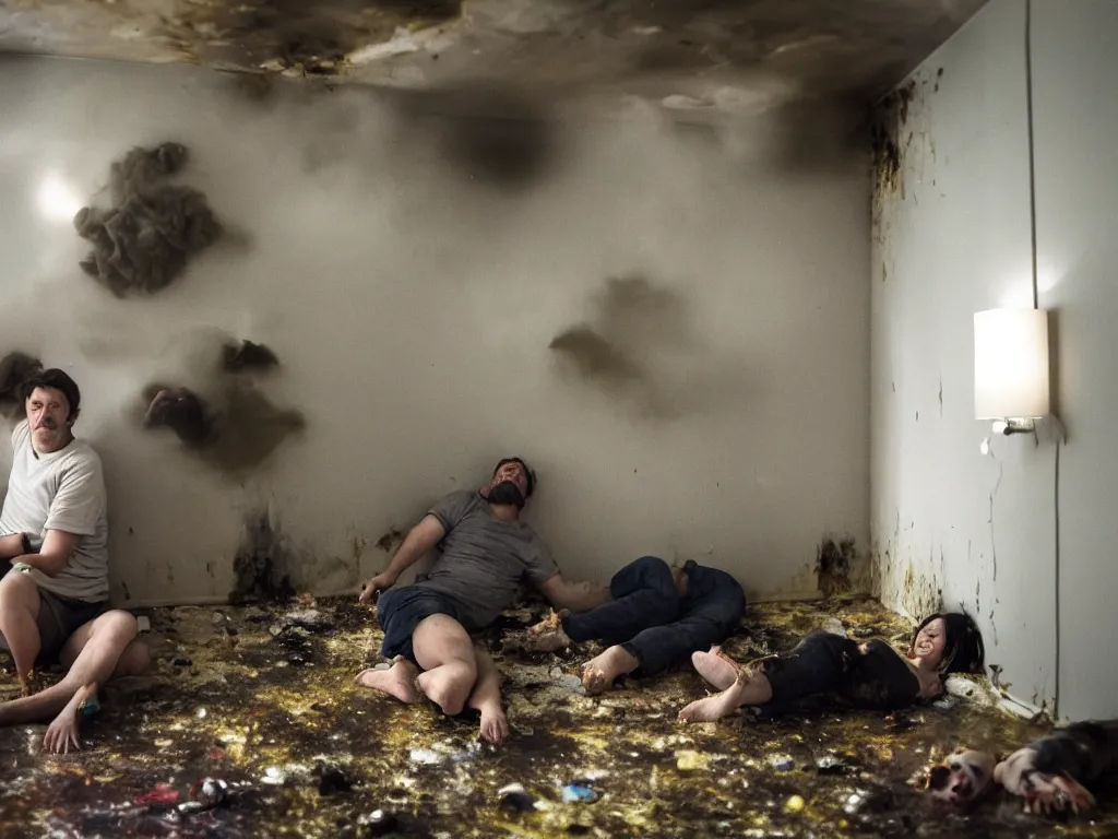 Image similar to a photograph of a man and a woman in a disgustingly filthy apartment, submerged in vomit, they are mouldy and obviously intoxicated. they have merged with the walls and ceiling, levitating above a cloud of nebulous dogs