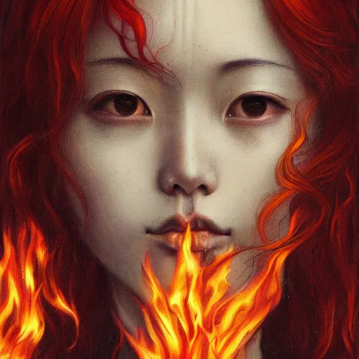 Prompt: realistic detailed face portrait of Nakamura Aya in japanese school uniform engulfed in flames, Ayami Kojima, Amano, Charlie Bowater, Karol Bak, Greg Hildebrandt, Jean Delville, and Mark Brooks, Art Nouveau, Neo-Gothic, gothic, rich deep moody colors