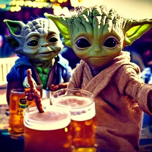 Prompt: “Baby yoda and Groot drinking beer at Oktoberfest , cinematic lighting”