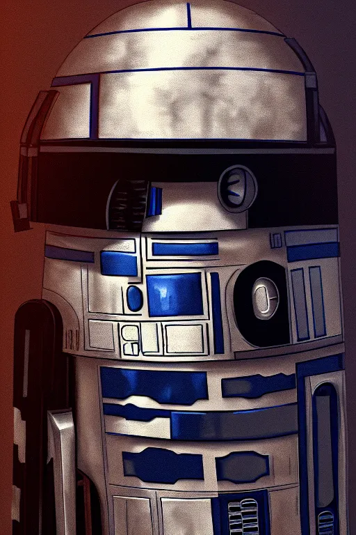 Image similar to a portrait of r 2 d 2 as a real human, man, woman, grim - lighting, high - contrast, intricate, elegant, highly detailed, digital painting, artstation, concept art, smooth, sharp focus, illustration