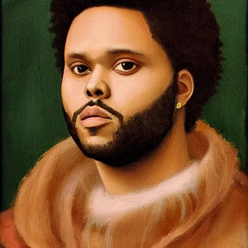 Image similar to a renaissance style portrait painting of the weeknd