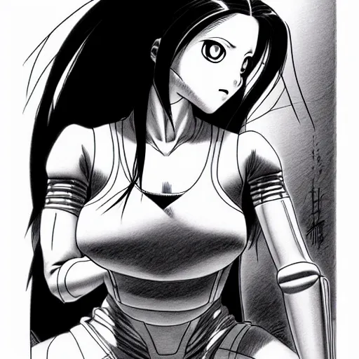 Image similar to alita by yukito kishiro. medium shot. black and white manga. pencil drawing.