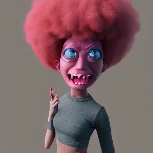 Image similar to a cyclops girl with a blue eye. pink afro hair. big mouth. 4k. ultrarealistic. render in octane