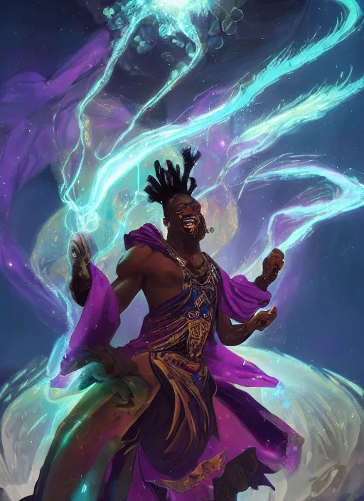 Prompt: handsome black man casting magical spells with powerful crystals, beaded dreadlocks and kemetic imagery, digital painting artstation, concept art, matte, sharp focus, illustration, dramatic exploding nebulae, hearthstone, art by artgerm and greg rutkowski and alphonse mucha