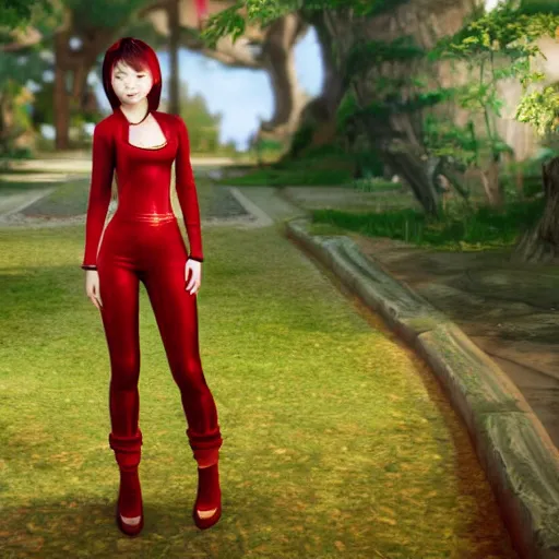 Prompt: half length portrait of a half - chinese teenage girl with short red hair and red outfit, still from arcane : league of legends 3 d by christopher c. lee