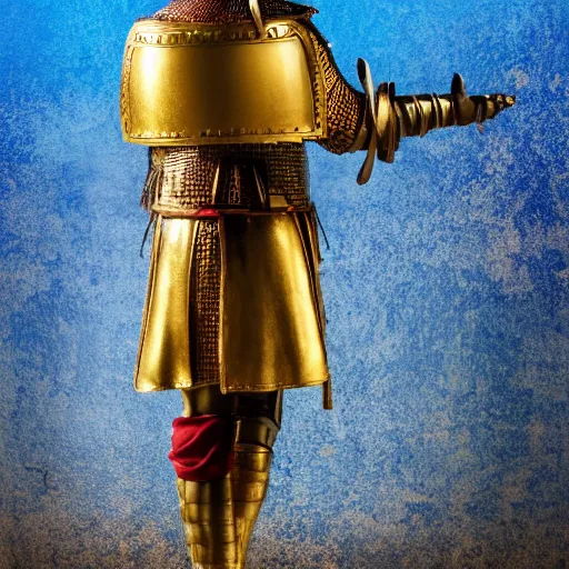 Prompt: Headless Roman Soldier in Glistening Gold Armor, Abandoned Roman City, Bright Blue Glowing Sky, Realistic, 4k, High Detail