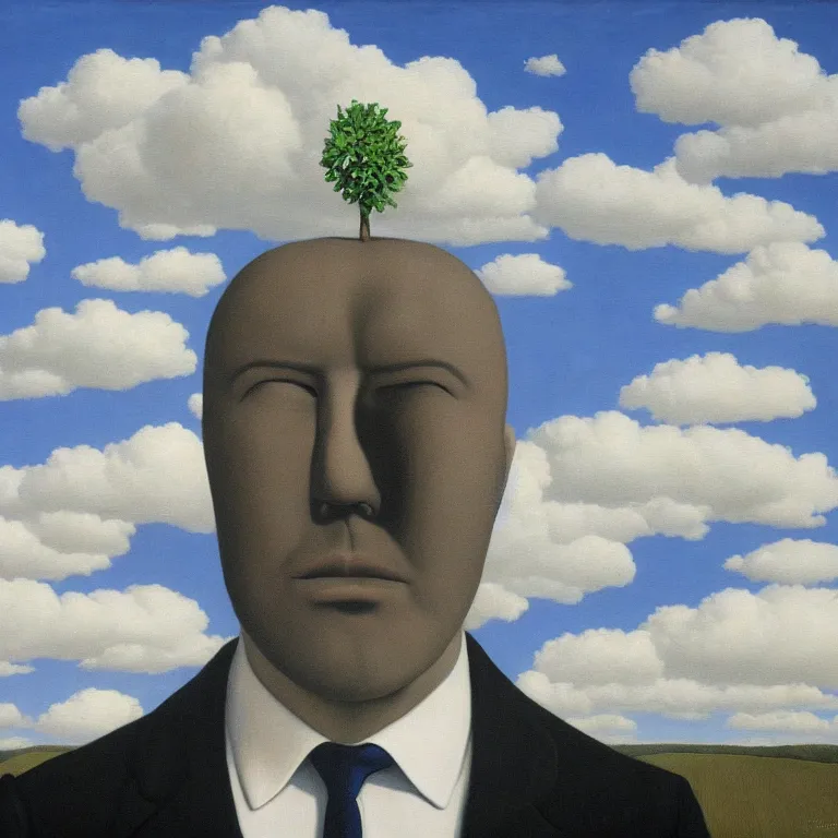 Image similar to portrait of a faceless shadow - head man in a suit, clouds in the background, by rene magritte, detailed painting, distance, middle centered, hd, hq, high resolution, high detail, 4 k, 8 k