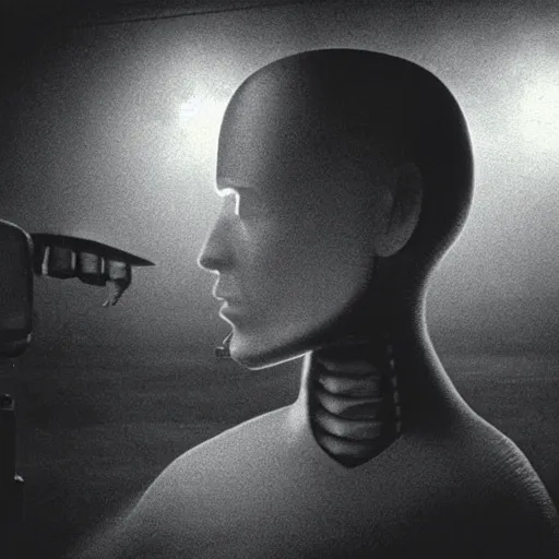 Image similar to movie scene of a man with a robot head, movie still, cinematic composition, cinematic lightning, Movie by David Lynch and Andrzej Żuławski