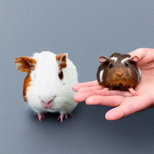 Prompt: Realistic guinea pigs with human hands in a white room