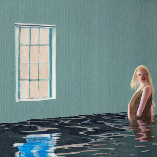 Image similar to painting of Elle Fanning in a flooded house interior, by metaphysical style