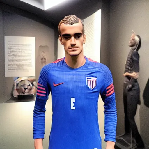 Image similar to “ a realistic detailed photo of a guy who is an attractive humanoid who is half robot and half humanoid, who is a male android, soccer player antoine griezmann, shiny skin, posing like a statue, blank stare, at the museum, on display ”