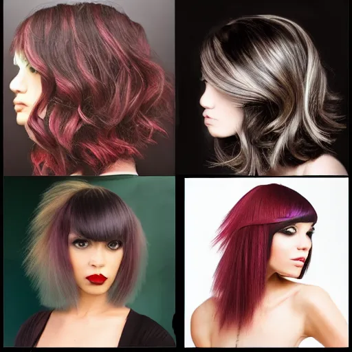 Image similar to avant runway hairstyle professional designer hair bangs, salon photography, bold colors, high details