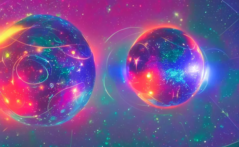 Image similar to pro - vida, cosmic integration, the privilege of being, closeup of a hand holding spheres of power, cosmic color scheme, macro up view, neon, glow, darkness, dramatic, sharp focus, octane render, imax