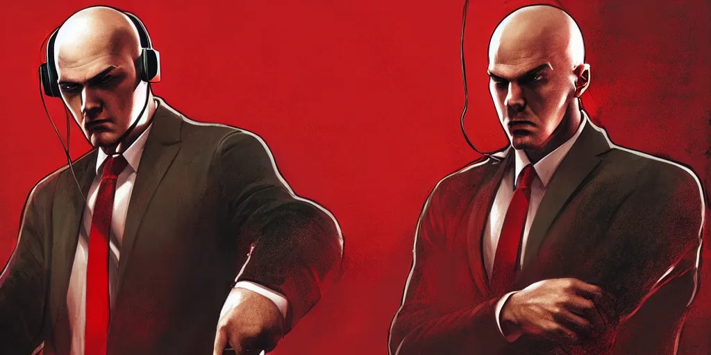 Image similar to agent 4 7 from hitman wearing headphones with wires everywhere listening to music, dark background, red rim light, smooth, sharp focus, art by irina french