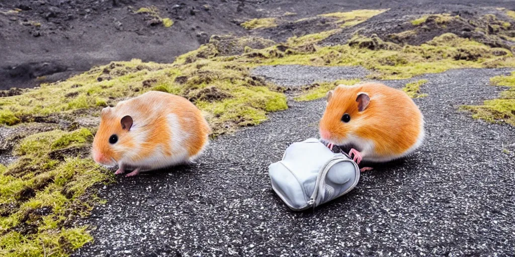 Prompt: a hamster dragging a suitcase around iceland