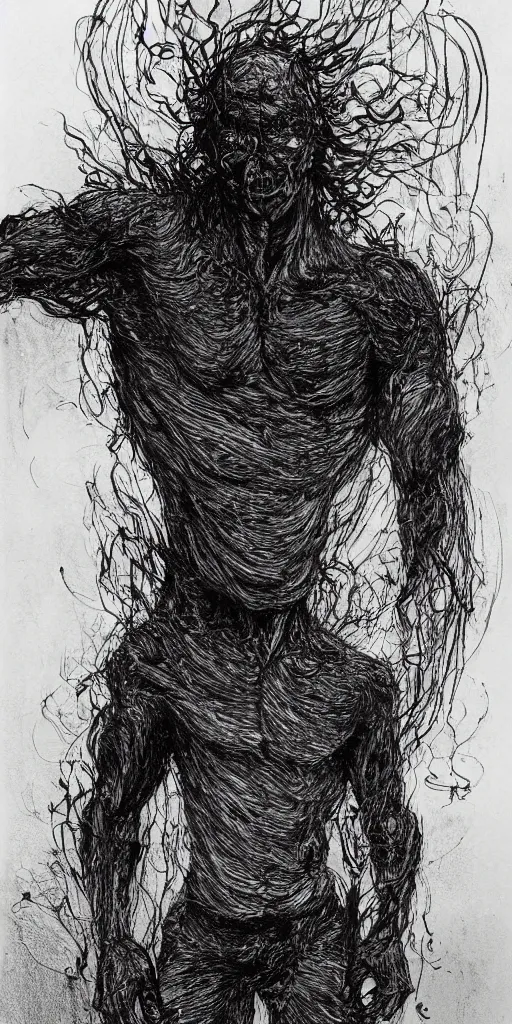 Image similar to concept art of a man with his body covered in burns, with black smoke coming out of his hands, full body, dark colors, sinister atmosphere, dramatic lighting, cinematic, establishing shot, extremely high detail, photo realistic, cinematic lighting, pen and ink, intricate line drawings, by Yoshitaka Amano, Ruan Jia, Kentaro Miura, Artgerm, post processed, concept art, artstation, matte painting, style by eddie mendoza, raphael lacoste, alex ross,