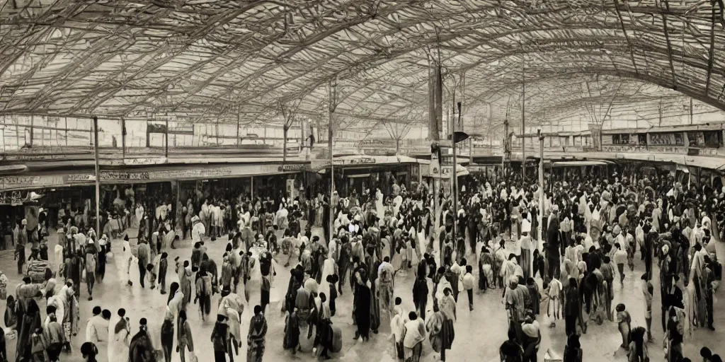 Prompt: establishing shot, interior of an indian railway station, bustling with people, sharp focus, aesthetic