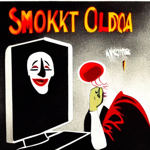 Image similar to film poster noir. a software programmer dressed as a clown is sitting in front of a computer . he is smoking a cigar . Smoke is flying around.