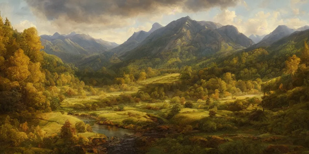 Image similar to a beautiful landscape painting of a mountainous valley with patches of woodland, by antony bridge, oil on canvas, highly detailed, hd, 4 k