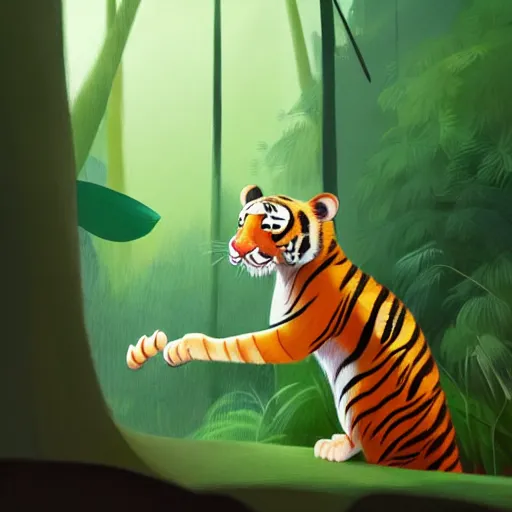 Image similar to goro fujita illustration a young cat tiger in the jungle by goro fujita, painting by goro fujita, sharp focus, highly detailed, artstation