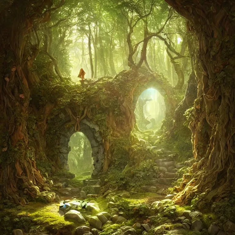 Prompt: Fantasy Magical fairy-tale stone portal in the forest. Round stone portal teleport in trees to other worlds. Fantastic landscape. Magic Altar in the fores, highly detailed, digital painting, artstation, concept art, smooth, sharp focus, illustration, art by greg rutkowski and alphonse mucha