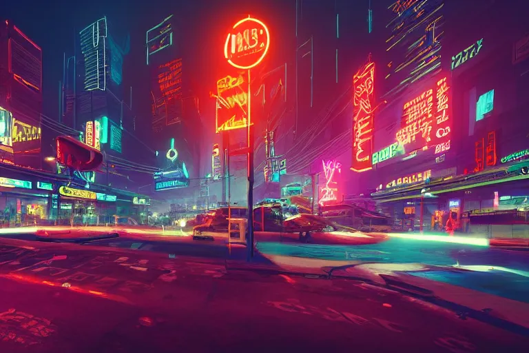 Image similar to a cyberpunk city with neon signs, streetview, cinematic lighting, photorealism.