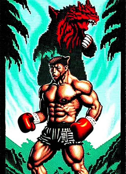 Image similar to extreme long shot. 8 bit nes graphics. antropomorphic muscular masculine wolf. kickboxer fighter, in shorts. wolf head. angry. fine details, very sharp, art from nes game cartridge, 8 0's, vhs artefacts, vaporwave style, marc simonetti and hermann nitsch and anish kapoor.