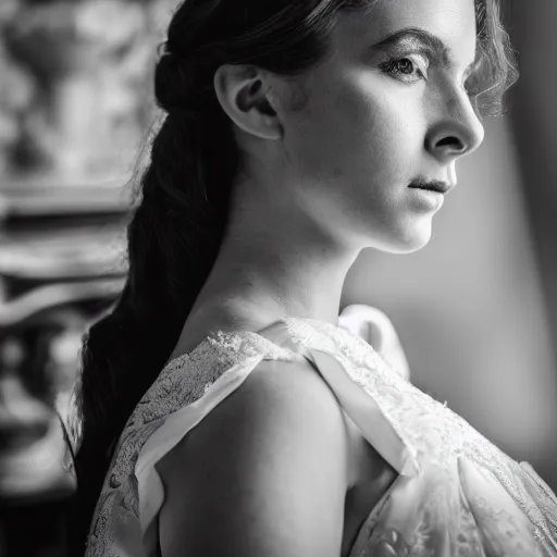 Image similar to close up photo of a beautiful young woman in a wedding dress with Canon 50mm/F1.4, dramatic daylight, downton abbey, bridgerton, 4k, featured on artstation