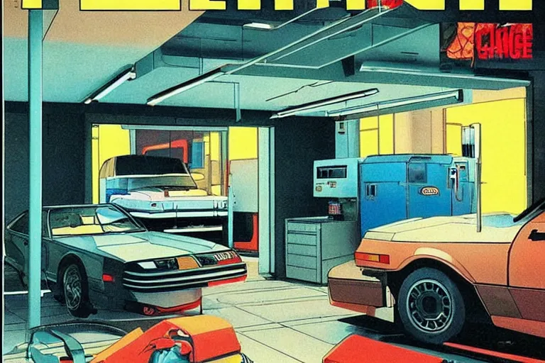 Image similar to 1979 OMNI Magazine Cover depicting a garage car-lift and a surgery room. Cyberpunk Akira style by Vincent Di Fate