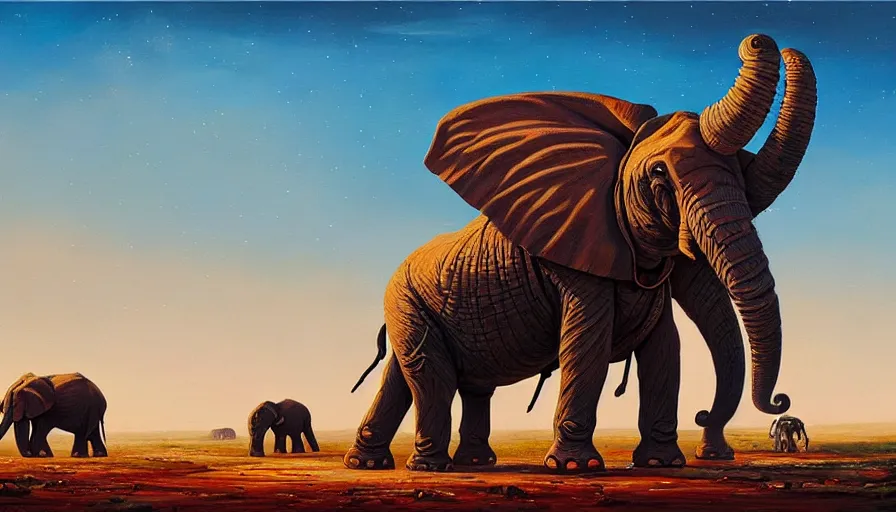 Prompt: an intricate oil painting of a giant south african armored elephant mecha by simon stalenhag, pink, yellow and cyan paint decals