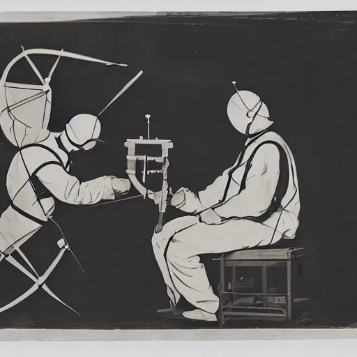 Image similar to a doctor performing surgery on a rocket, bauhaus art