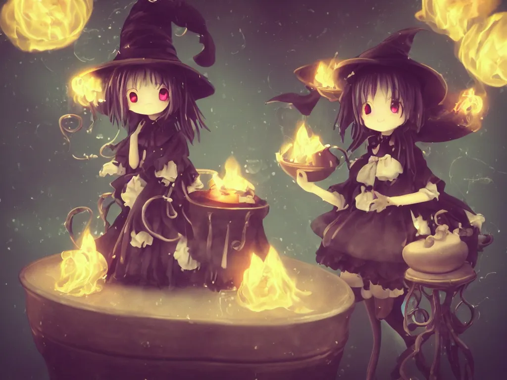 Prompt: cute fumo plush anime girl goth witch ghostly ethereal stirring a cauldron, lit by glowing candles, big cast iron bubbling cauldron pot, hearts < 3, wisps vortices of fiery smoke potion, grainy and fine detailed, bokeh f / 2. 5, polaroid technicolor, vray, artstation