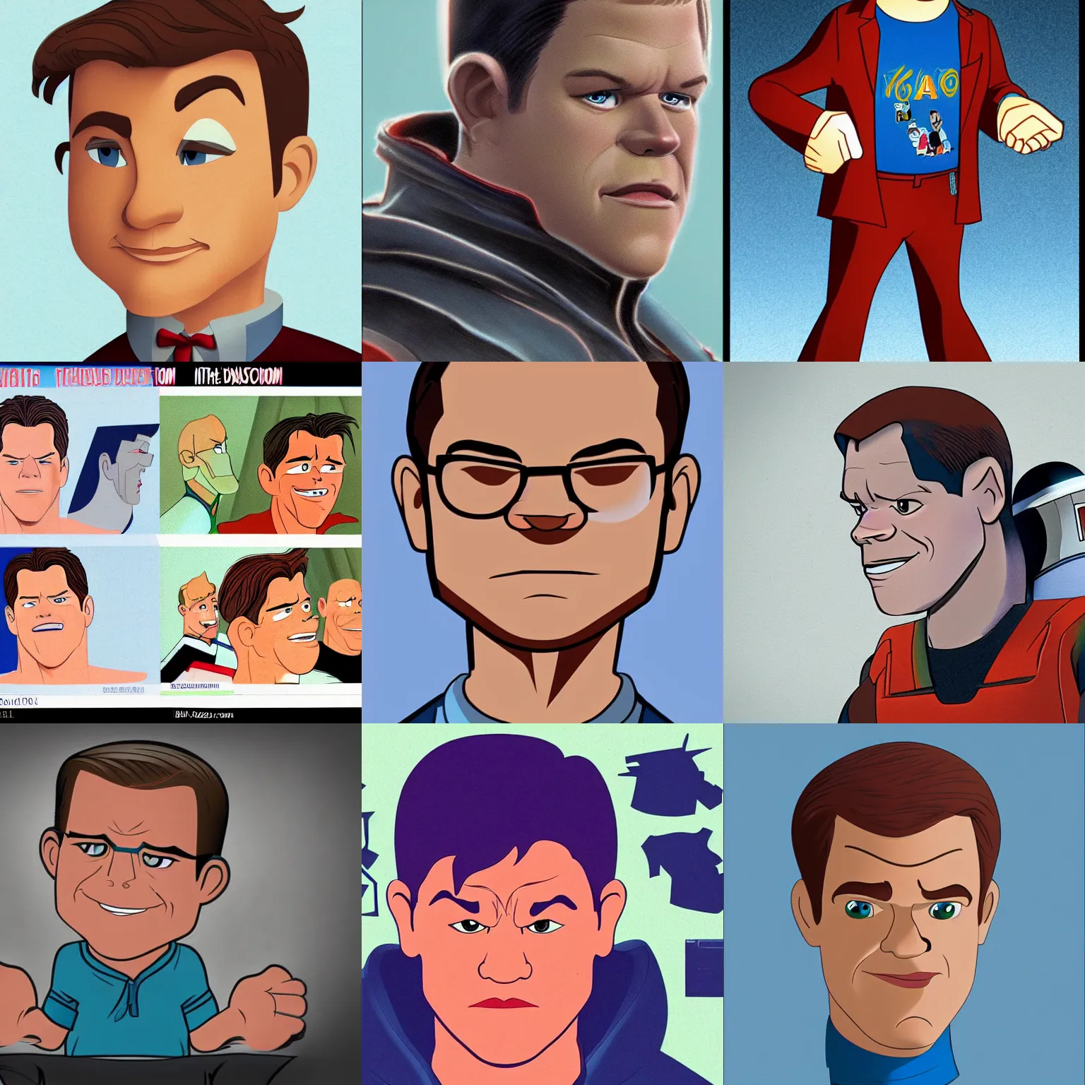 Prompt: character design, matt damon in disney animated tv show, 9 0's, by disney, 2 d concept art head macro shot