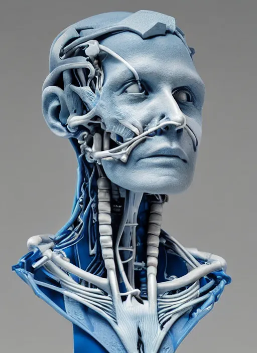 Prompt: a bust sculpture of anatomical detailed cyborg, blue blood ceramic base, orthographic, studio lighting