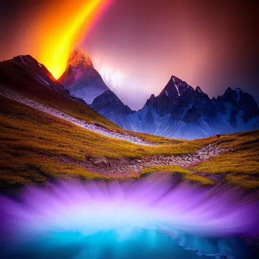 Image similar to amazing landscape photo of mountains with lake in sunset and a purple tornado by marc adamus, beautiful dramatic lighting