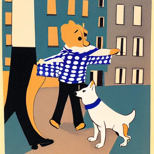 Image similar to book illustration of a french boy on the streets of paris playing football against a corgi, the dog is wearing a polka dot scarf, 1 9 6 6