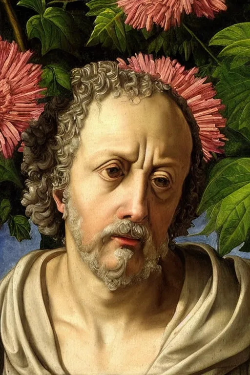 Image similar to renaissance painting of elder in the garden, closeup, short silver hair, a wise face, emotions closeup, dressed in roman armour, the beautiful garden with oak leaves everywhere, ultra detailed, art by Guido Reni style, Vincenzo Catena style