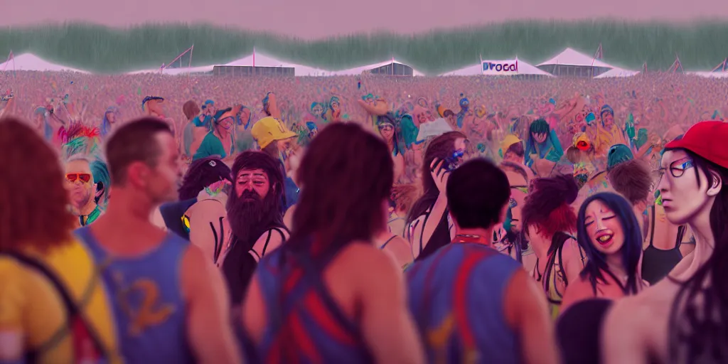 Image similar to Photorealistic people at woodstock 99 by KDA and Sam Yang, trending on artstation