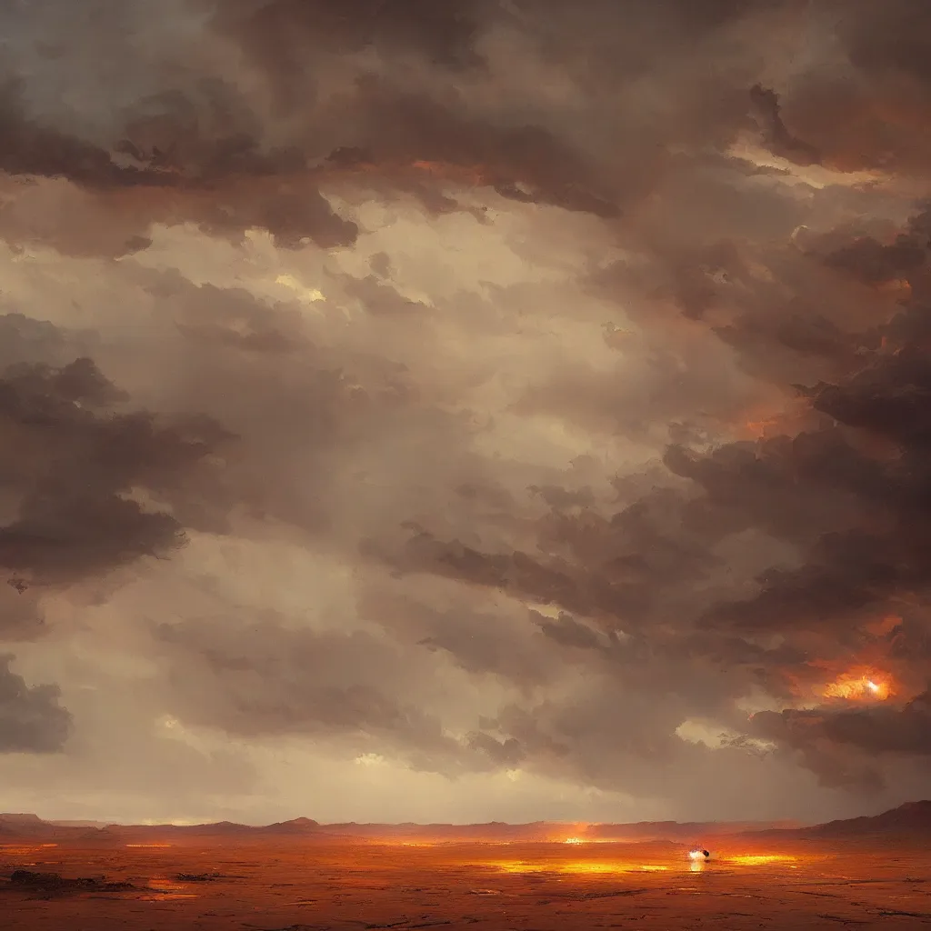 Image similar to beautiful oil painting of a thunderstorm in the desert, greg rutkowski, trending on artstation