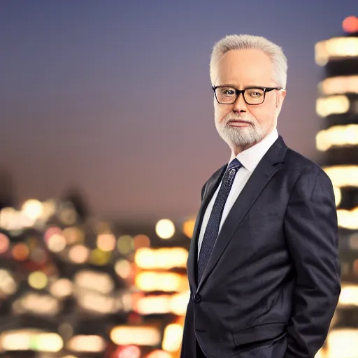 Image similar to a still of Wolf Blitzer . Shallow depth of field. City at night in background, lights, colors ,studio lighting, mood, 4K. Profession photography