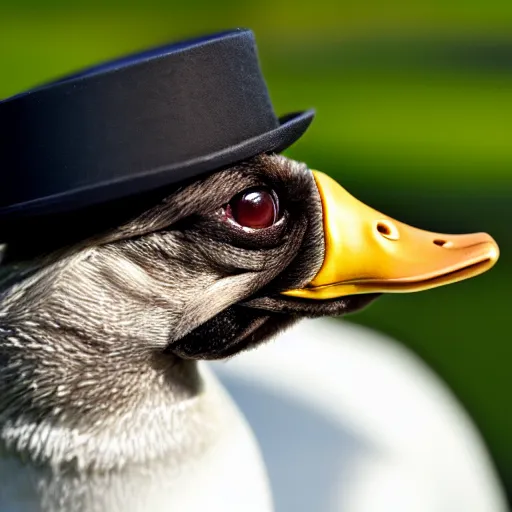 Prompt: closeup of a duck wearing a top hat, macro photography, overgrown pug, high resolution photo, trending on artstation