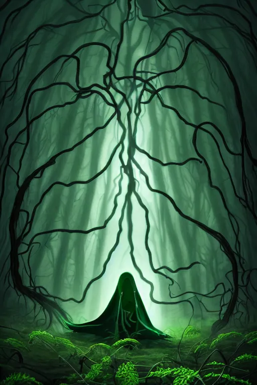 Image similar to A full body portrait of a ghost like shaman with no face, glowing eyes and a very long hooded dark green cloak of leaves and vines, forest spirits flying in the background art in the style of Pixar, ominous, cosmic horror, trending on artstation, Ultra detailed, hyper realistic 4k