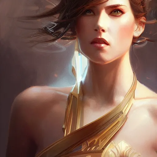 Prompt: portrait of a confident goddess, in modern era, upper body, D&D, intricate, cinematic lighting, highly detailed, digital painting, artstation, concept art, smooth, sharp focus, illustration, art by Artgerm and Greg Rutkowski and Cgsociety