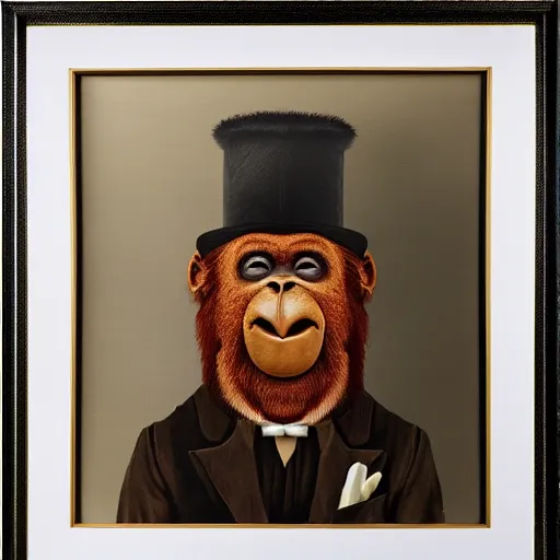 Image similar to framed portrait painting of an anthropomorphized orangutan, wearing a monocle and a small bowler hat, oversized mustache. dark outlining style. highly detailed. style of chuck u