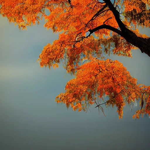 Prompt: A photograph of a tree with orange leavesz autumn,