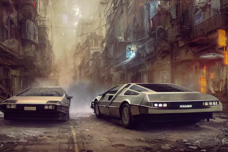 Image similar to photograph of the delorean driving down the streets of a cyberpunk abandoned city, by greg rutkowski, by stanley artgerm, by alphonse mucha